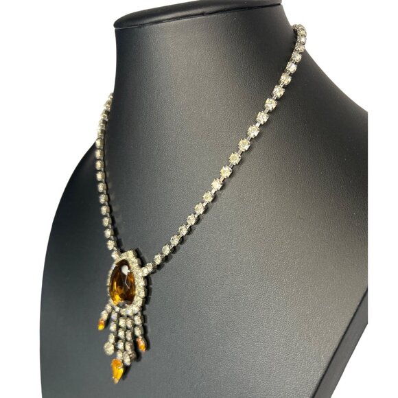 Vtg Rhinestone Bib Necklace Amber Glass Centerpiece Dangling Drops 16" Statement - Picture 5 of 6